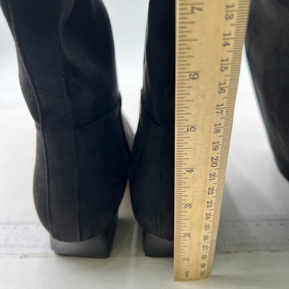 Black Suede Square Toe Knee High Boot Wide Calf Low Chunky Heel Winter Long Boot - Picture 5 of 8